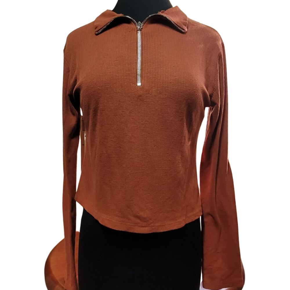 Burnt Orange Quarter Zip Waffle Sweater Size Large